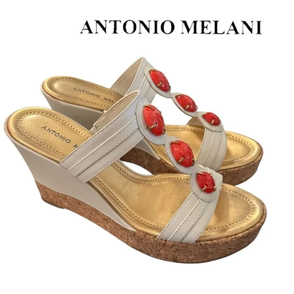 Antonio Melani Leather Cream Cork Coral Jewelled Slide Wedge Sandals 8.5
